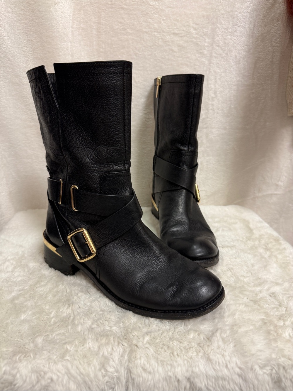 Vince Camuto Black Leather Mid-Calf Buckle Heeled Boots - Picture 2 of 8